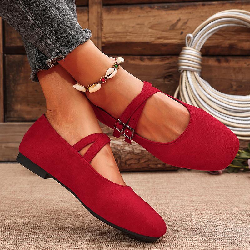Double Buckle Red Ballet Flats Women 2026 Brand Designer Square Toe Mary Jane Shoes Woman Faux Suede Casual Shoes Female