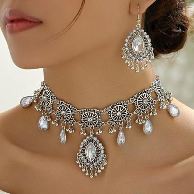1 Set Necklace Earrings Set Rhinestone Decor Water Drop Bohemian Hollow Out Symmetric Polished Prom Party Wedding Party Bride Jewelry Set