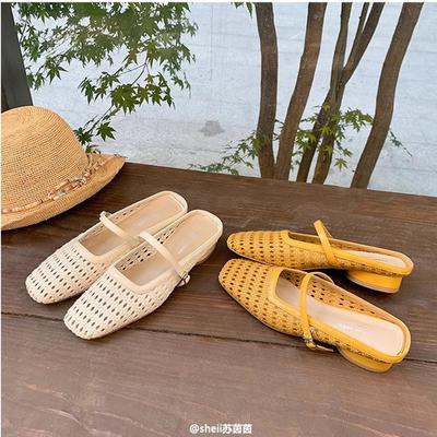 Paris Vacation~ Square Head Woven Thick Heel Bag Head Mary Jane Slippers Women's Half Drag Sandals
