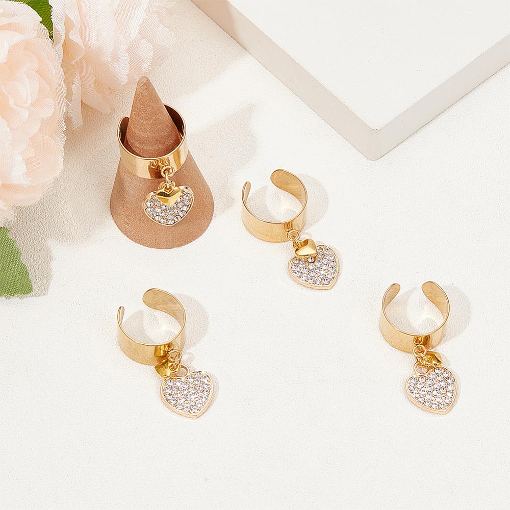 304 Stainless Steel Open Cuff Rings, with Heart Alloy Rhinestone Pendant, Golden, Inner Diameter: 17~18mm, 4pcs/set