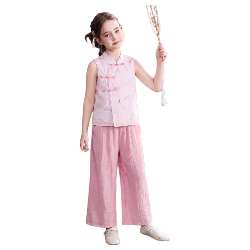ASK JUNIOR Girls Chinese Style Cheongsam Top & Wide-Leg Pants Set 160