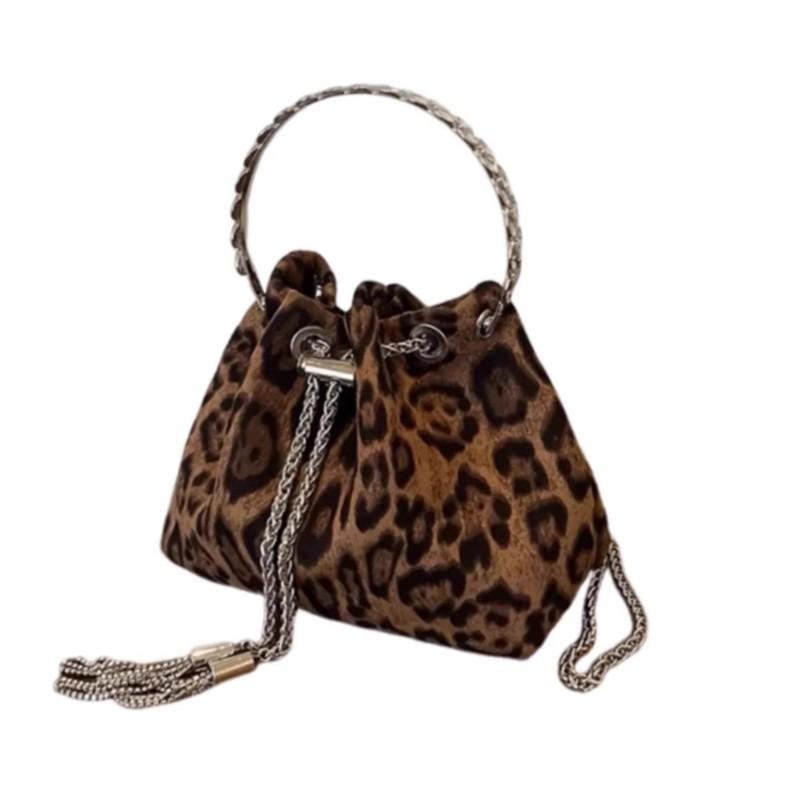 Hot Girl Retro Leopard Pattern Bucket Handbag Women Chic Chains Drawstring Shoulder Bags Ladies Luxury Designer Purses Y2k 2025