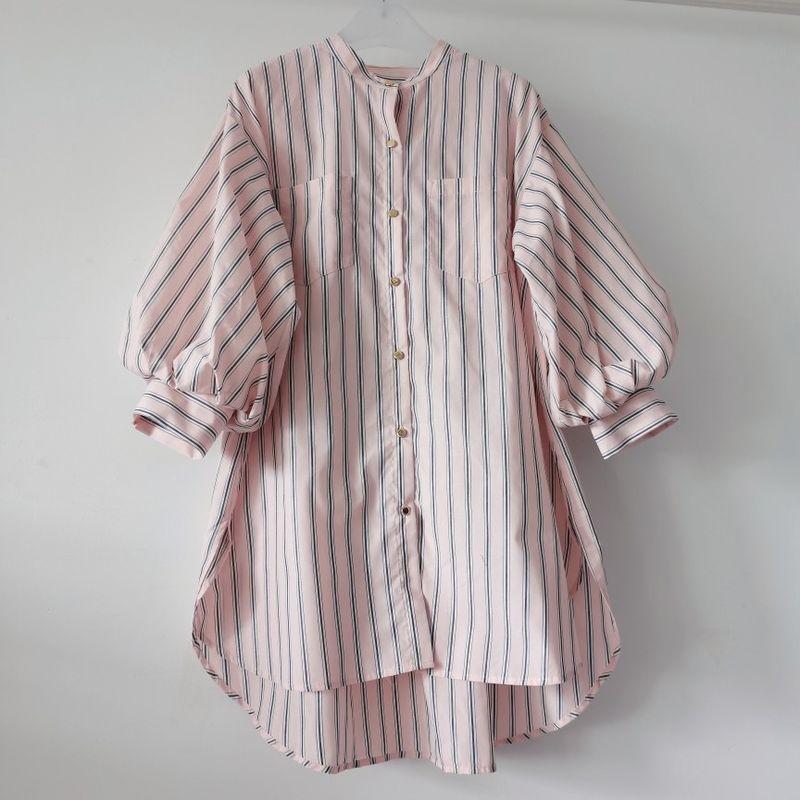 Export Japanese Original Single Cut Label Stand-up Collar Puff Sleeve Half Sleeve Color Stripes Open Shirt Female Mid Length Long Length Lazy