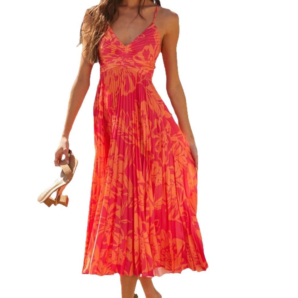 Women's V Neck Spaghetti Strap Printed Maxi Dress Pleated Summer Beach Dress Multiple Colors