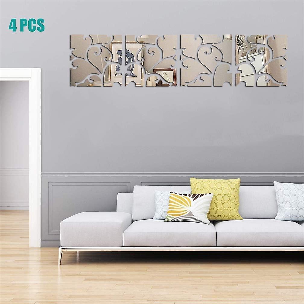 Acrylic Mirror Wall Sticker, 4 Pcs DIY Removable Waterproof Floral Mirror Wall Decals Decorative Mur