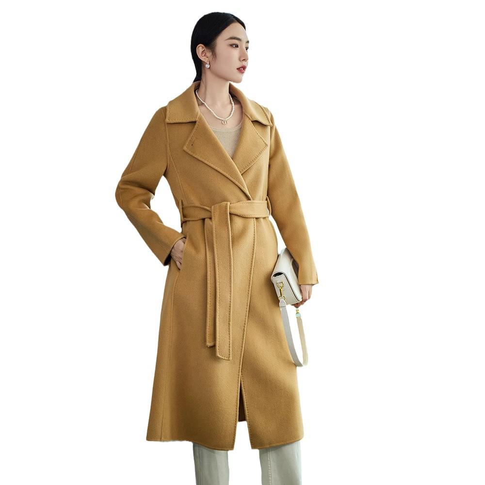 Women's Extra-Long Slim-Fit Over-the-Knee Double-Faced 100% Wool Queen Style Trench Coat for Autumn/Winter