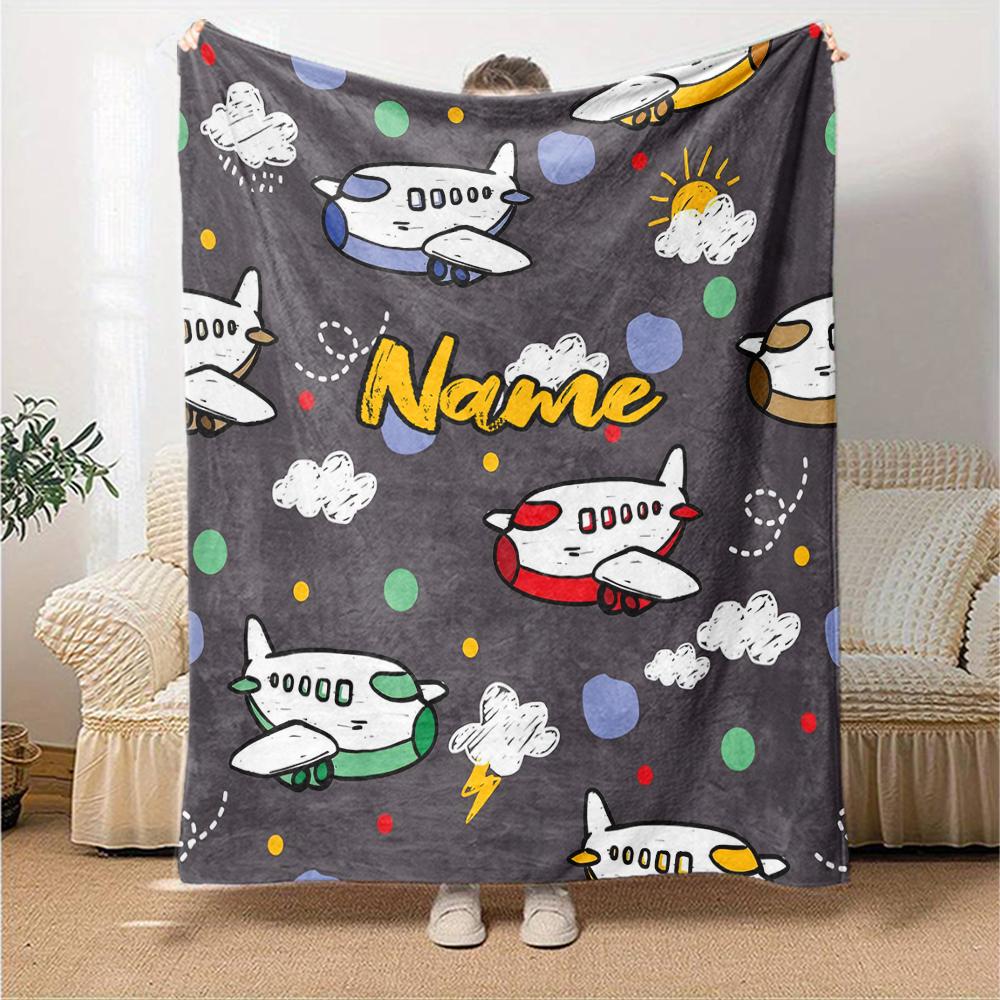 Custom Name Cute airplane Theme Printed Blanket - Perfect for Couch, Bed, Travel & Outdoor Use | Machine Washable, Cozy & Durable.