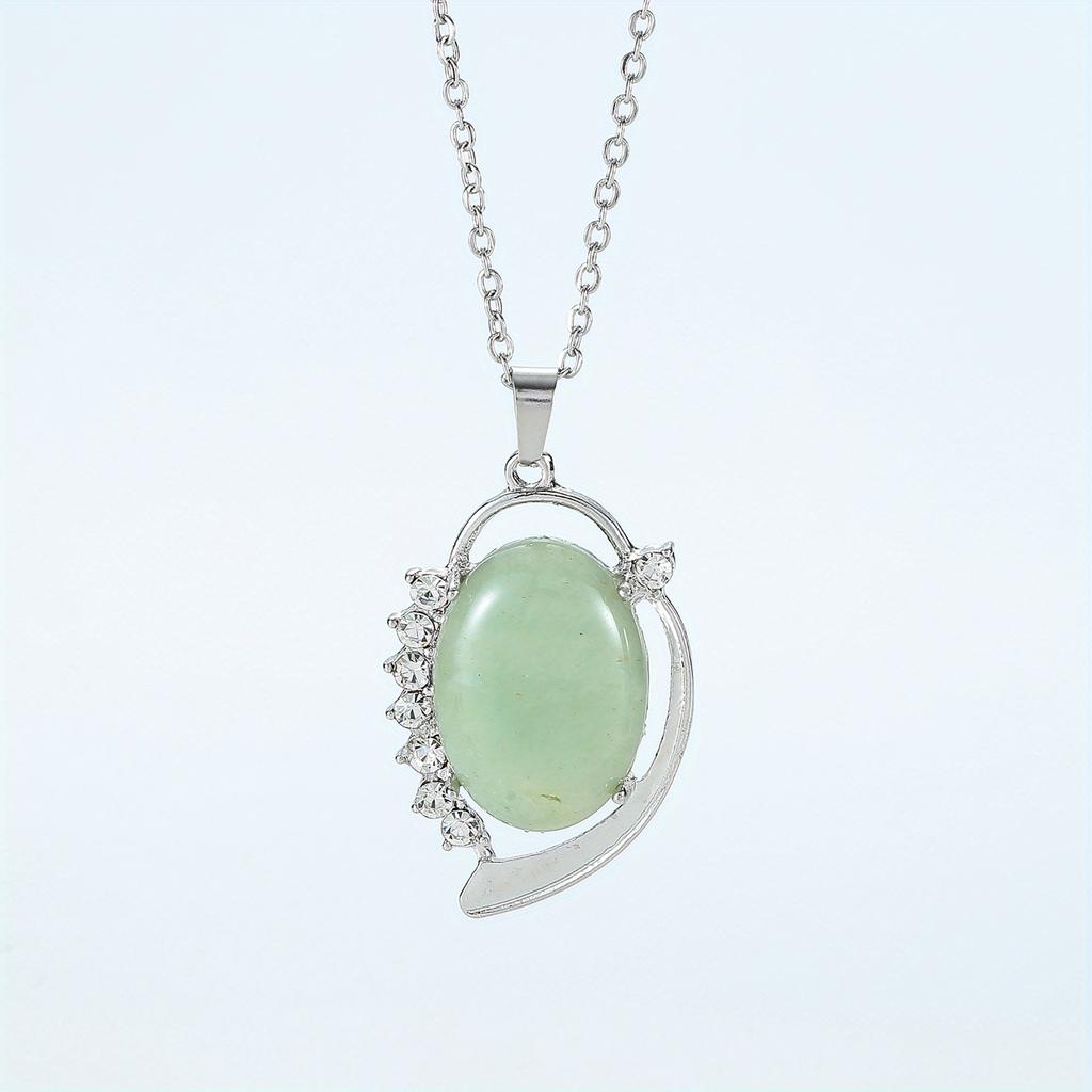 Natural Crystal Stone Pendants Necklaces Oval Bead Healing Pink Quartz Jewelry for Women Oval Shape Charms Metal Alloy Pendant