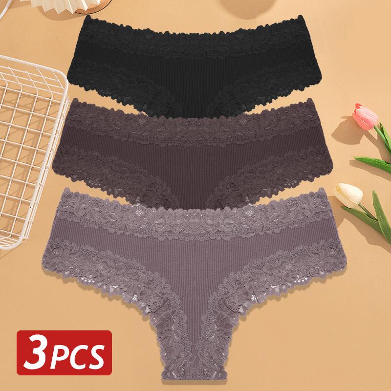 3PCS/Set Women Cotton Panties Floral Lace Brazilian Panties Sexy Low Waist Lingerie Female Soft Underwear Solid T-Back Bikini