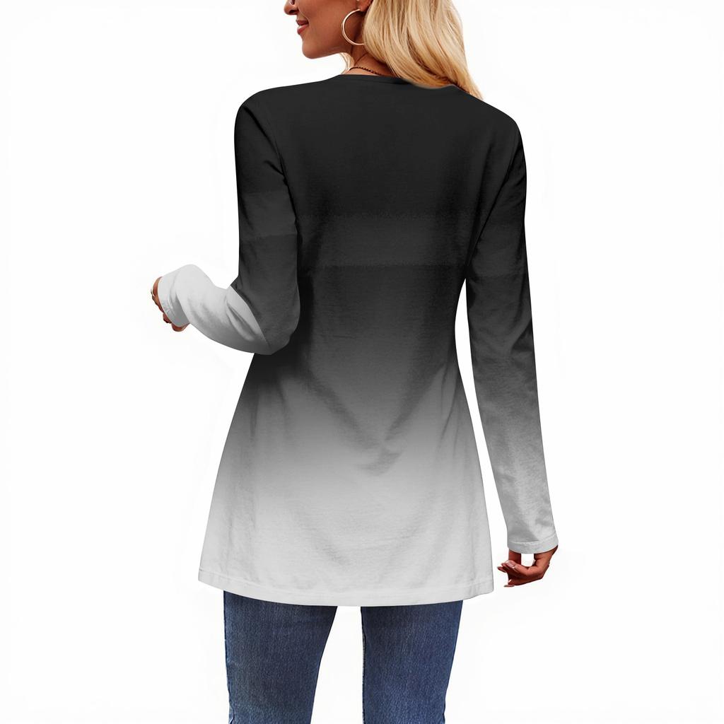 Women's Casual Fashion V-Neck Button Gradient Long Sleeve Top