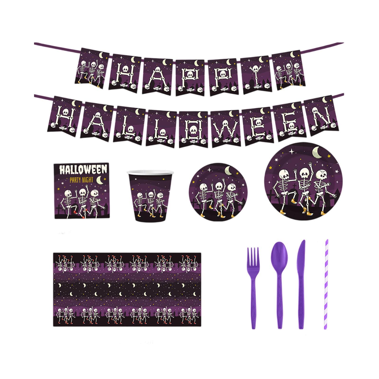 

Halloween Party Tableware Horror Party Disposable Paper Plates Pull Flag Tablecloth One Size