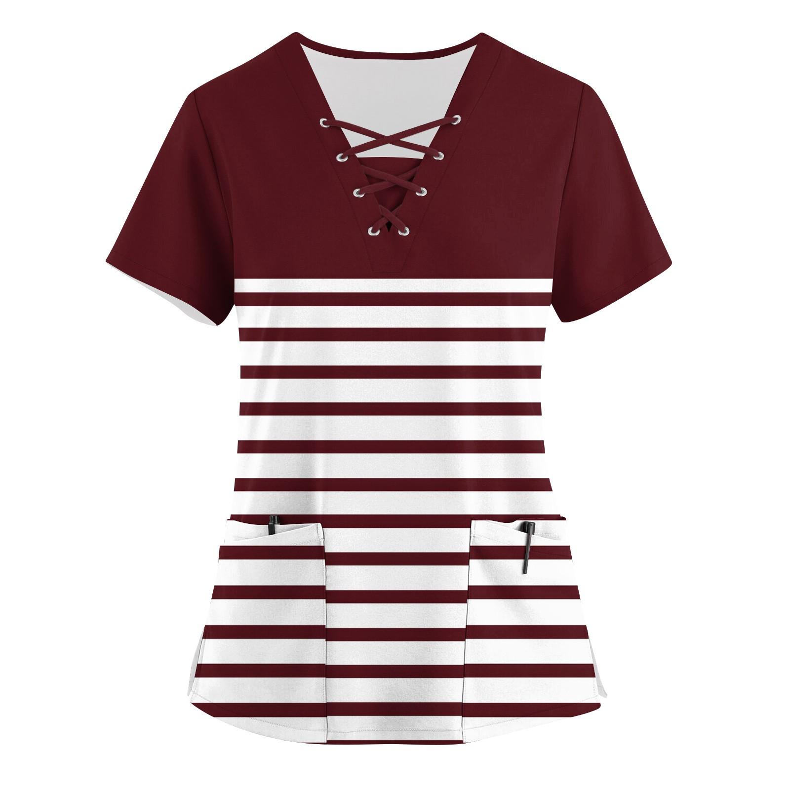 

Рабочая форма больших размеров с принтом, топы для женщин, забавные футболки с короткими рукавами и v-образным вырезом с перекрестным принтом, рабочая одежда, футболка с карманами XL красный