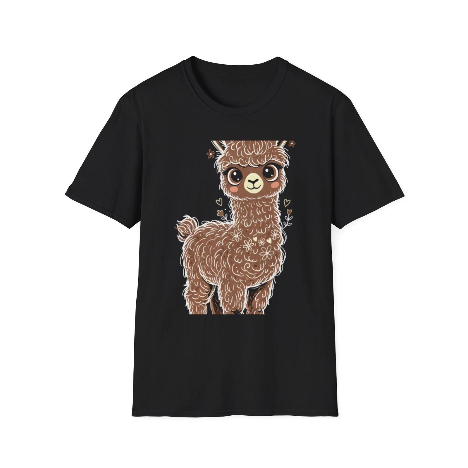 Llama Cute Kawaii Floral Heart Cartoon Hand-Drawn Black Tee Graphic T-Shirt 3XL