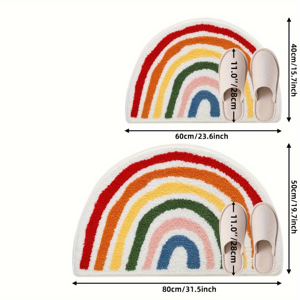 Fluffy Rainbow Bath Rug, Semicircular Polyester Knit Fabric Bath Mat, Absorbent Bathroom Carpet, Fluffy Plush Winter Decor Decoration