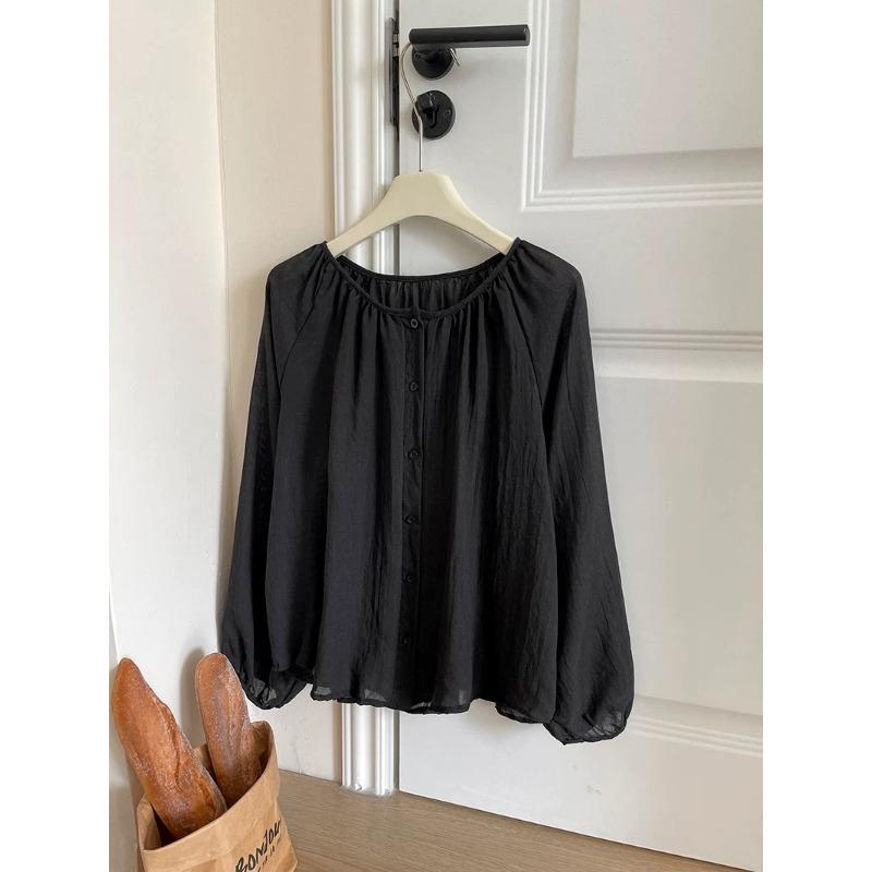Women s Green Textured Round Neck Button Front Puff Sleeve Loose Casual Blouse S чёрный