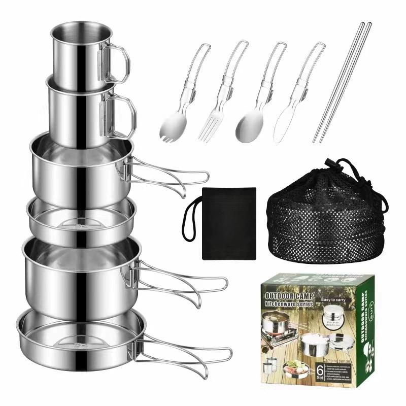 

12PCS Adventure Camp Cook Set Camping Pots and Pans Family Cookset Non-toxic 304 Stainless Steel Kitchenware Set Foldable