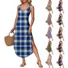Women's Summer Long Dress, Sleeveless with Side Slits, Long Plaid Printed Vest Dress