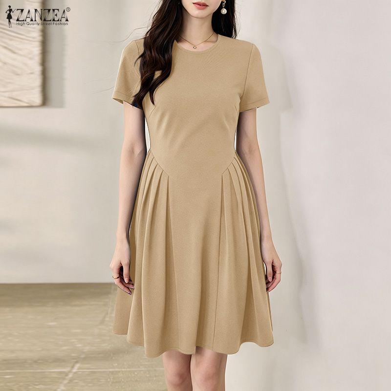ZANZEA Women Casual Round Neck Solid Color Short Sleeve Dress