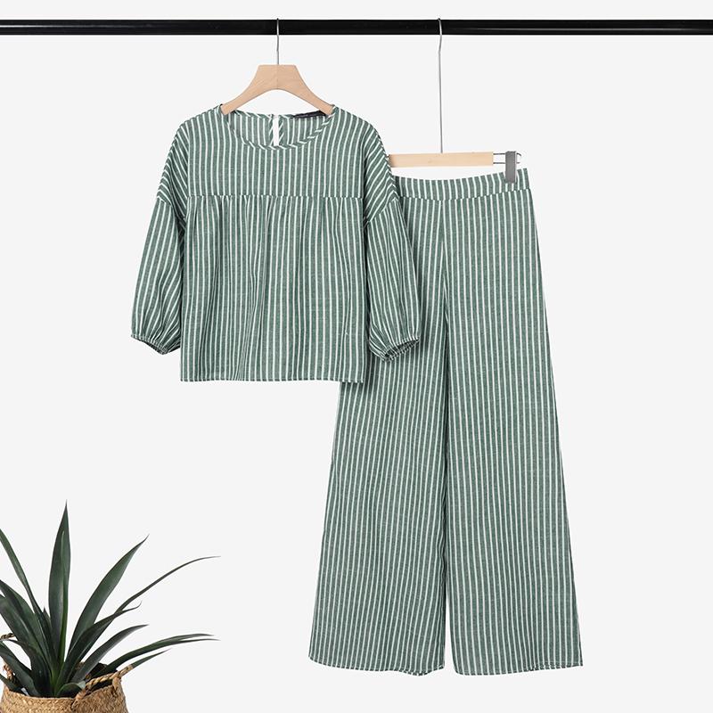 

ZANZEA Women Half Sleeve Blouse and Pants Casual Stripe Print Two Piece Suit Sets 5XL зелений