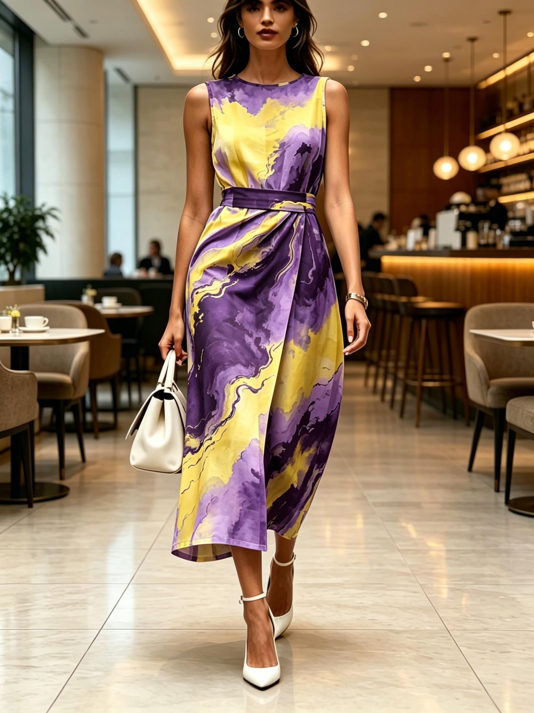 

Women Round Neck Sleeveless Midi Dress Purple and Yellow Watercolor Print Modern Elegant Casual Fashion Spring Summer Autumn Womens Clothing XXL