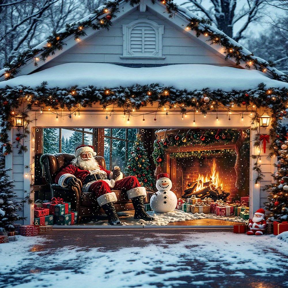 2D flat 1pc super large Christmas garage door banner - Santa Claus and fireplace scene with gifts, durable polyester fabric