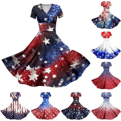 Women's Fashion Casual Independence Day Printed Short Sleeve Dress Elegant Maxi Dress