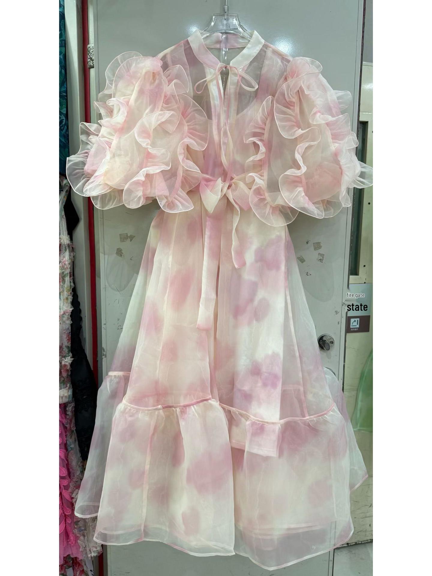 Chic Fairy Print French Mesh Dress with Elegant Ruffle Splicing XXL розовый