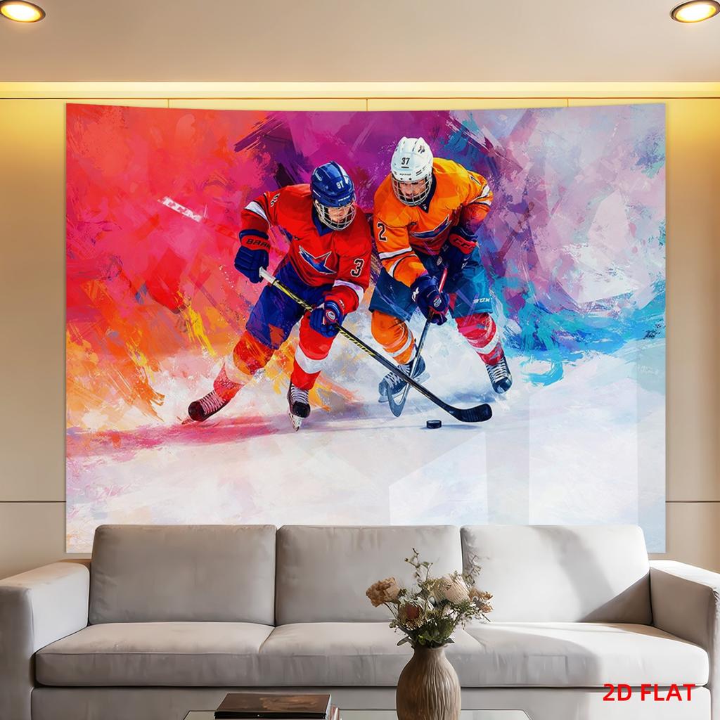 Ice Hockey Sports Tapestry, Abstract Art Style Player Print, Colorful Wall Hanging For Man Cave & Sports Themed Room Decor