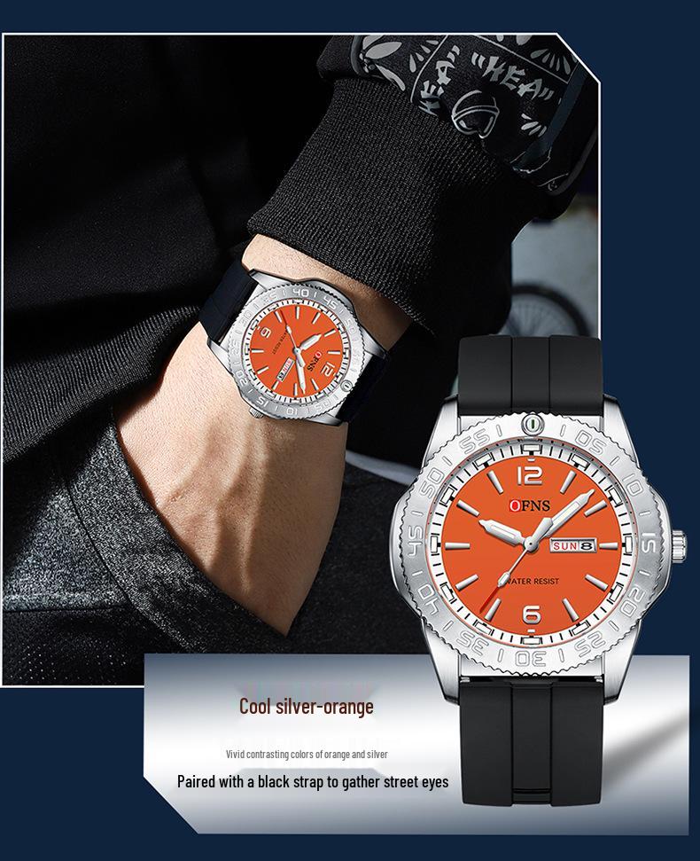 Ofns Brand Men's Quartz Watch - Waterproof with Dual Calendar & Simple Bar Markers