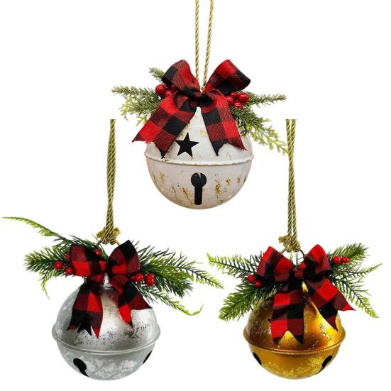 Christmas Bells Ornament Rustic Christmas Jingle Bell with Pine Needles Red Berries And Plaid Bow for DIY Holiday Door Window Tree Wreath Garland