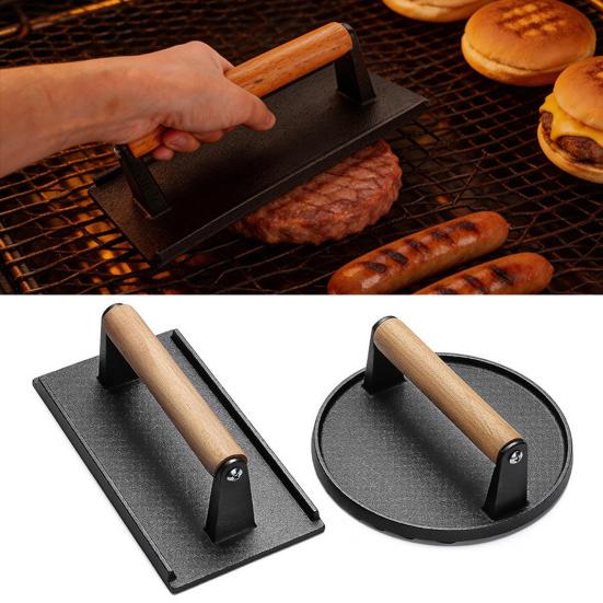 2Pcs Cast Iron Meat Press with Wood Handle Heavy-Duty Bacon Burger Smasher for Grill Griddle Skillet Rust-Proof Round Rectangular Professional BBQ