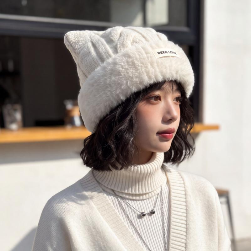 Autumn and winter new student versatile thickened warm wool hat female cute ears female plush edge pullover knitted hat