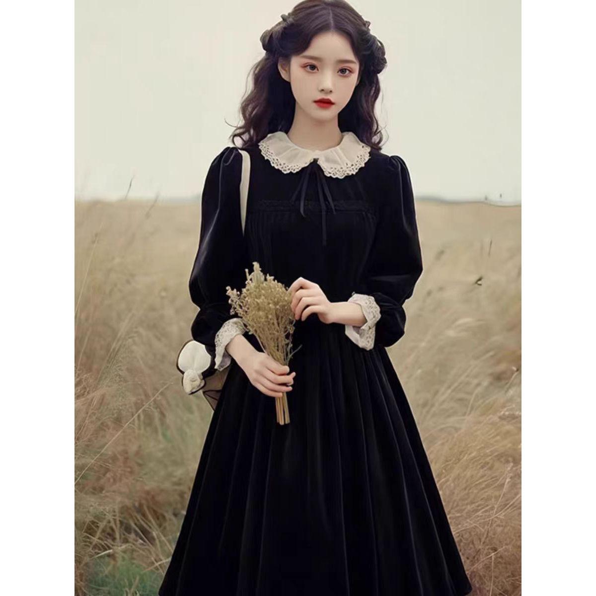 

Элегантное французское бархатное платье в стиле Хепберн черного цвета для осени/зимы - Идеально для дней рождения и мероприятий Medium чёрный