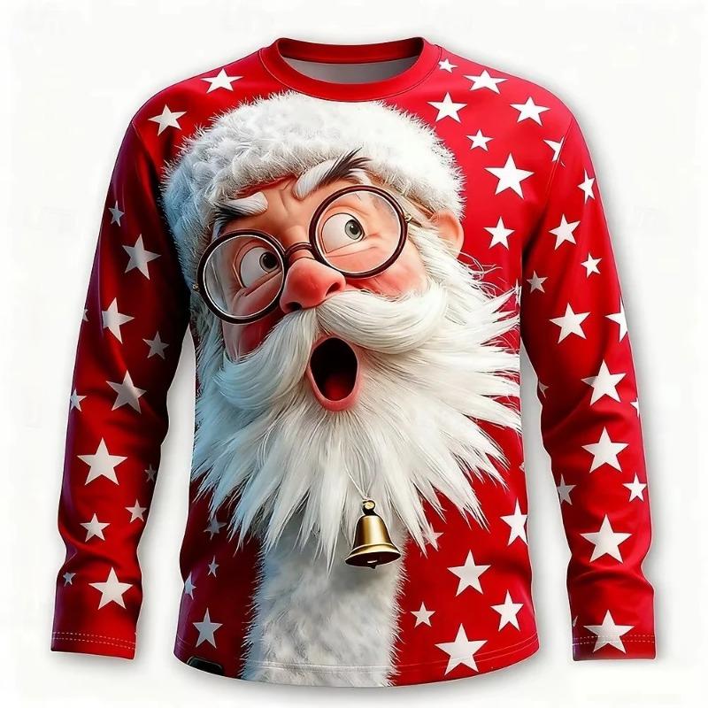Men Christmas Long Sleeve T‑Shirt 3D Santa Claus Print Red White Stripe Autumn Xmas Holiday Party Casual Tee Tops
