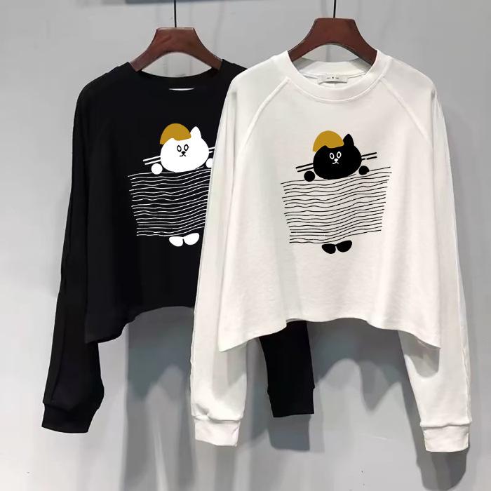 Women's Stylish Long Sleeve Cartoon Cat Cotton T-Shirt - Casual Loose Fit