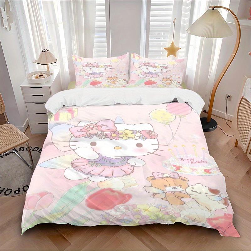 3pcs Happy Birthday Hello Kitty Bedding Set - 1 Soft Quilt Cover + 2 Pillowcases, Machine Washable - Suitable for All Seasons, Perfect Gift