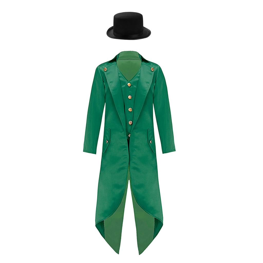 Kids Victorian Costume Retro Renaissance Tailcoat Jacket Gold Buttons Felt Hat Magician Ringmaster Party Outfit