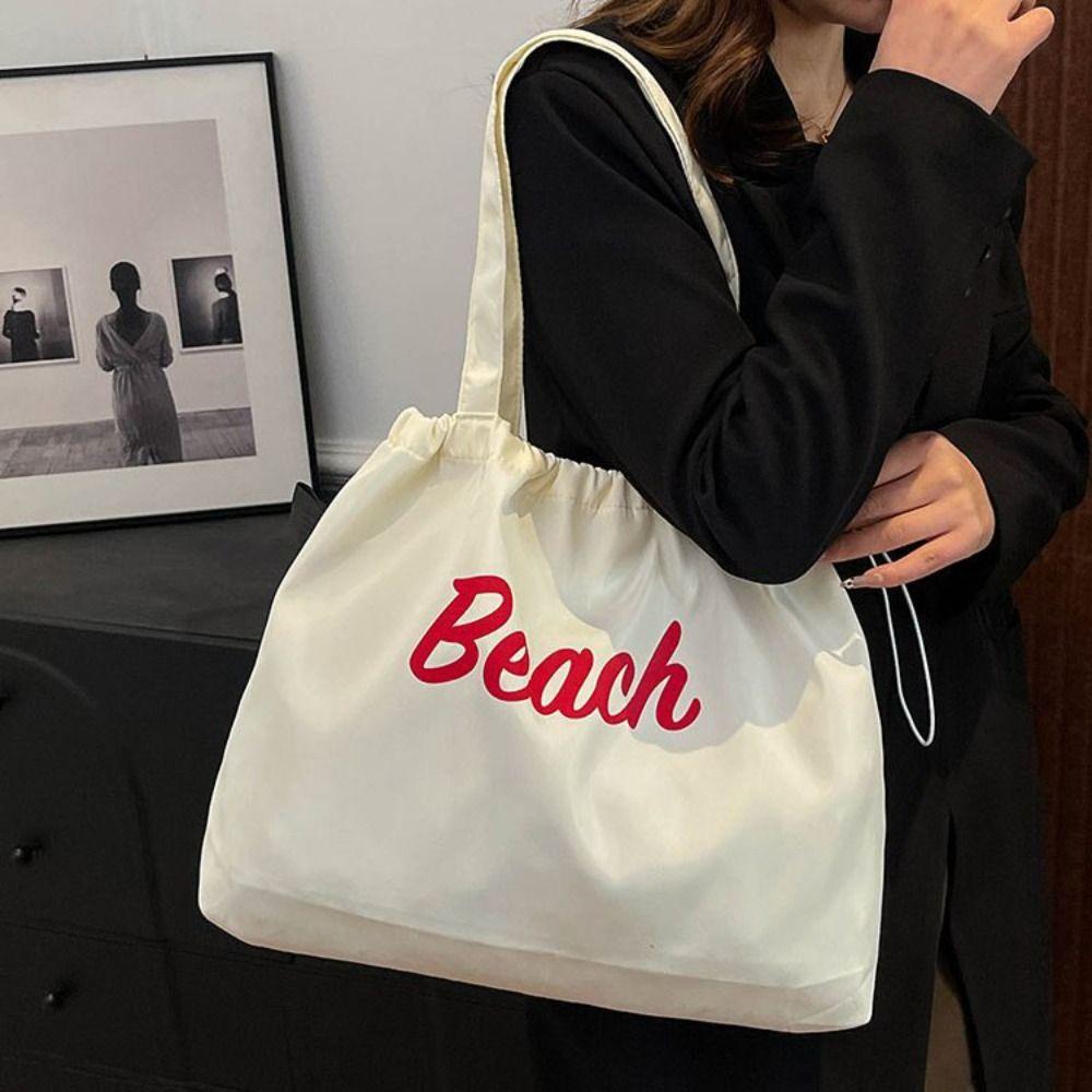 Korean Style Drawstring Tote Bag Canvas Letter Printed Handbag Casual Nylon Shoulder Bag School