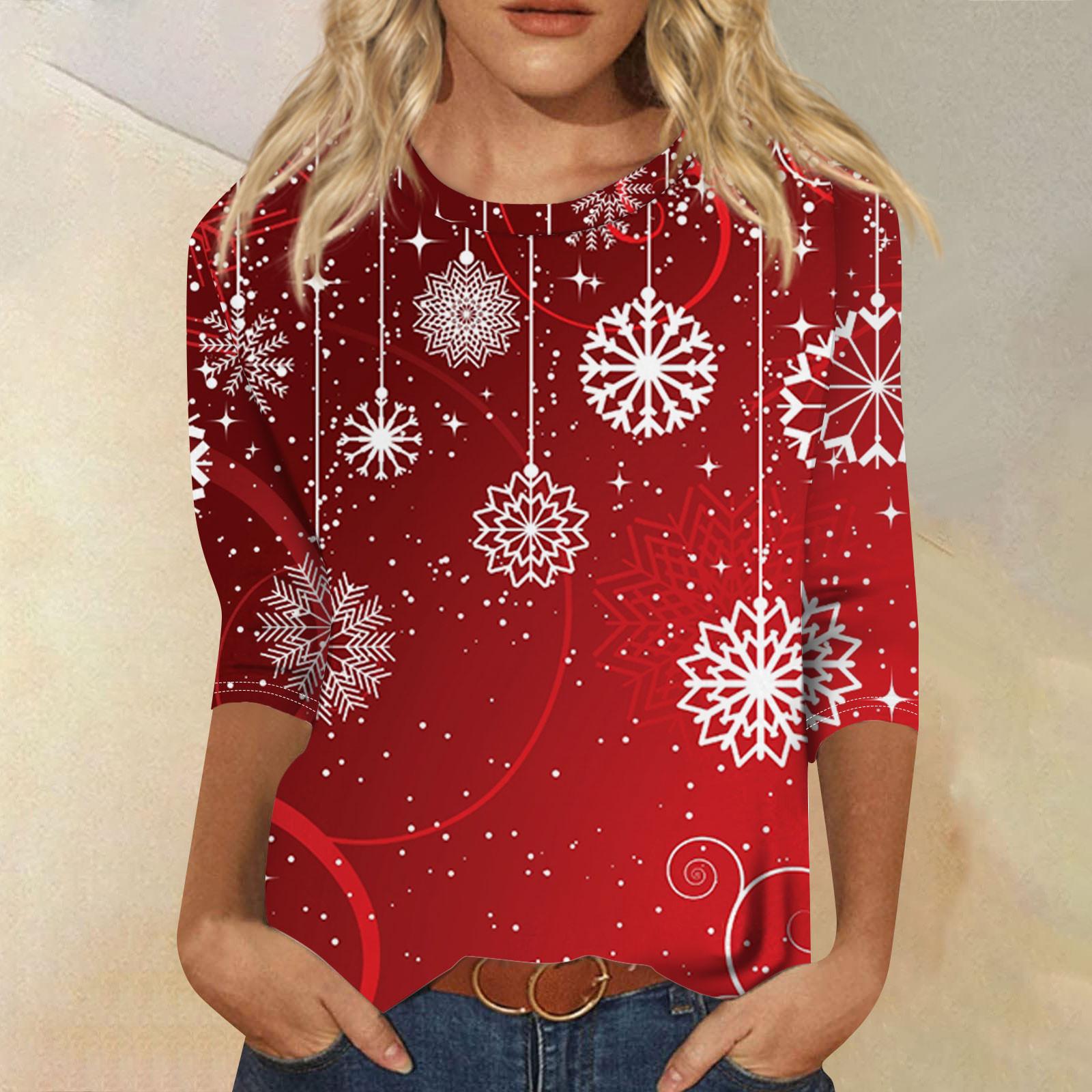 

Женская мода повседневная рубашка с круглым вырезом и рождественским принтом, семь рукавов XXXXL винный