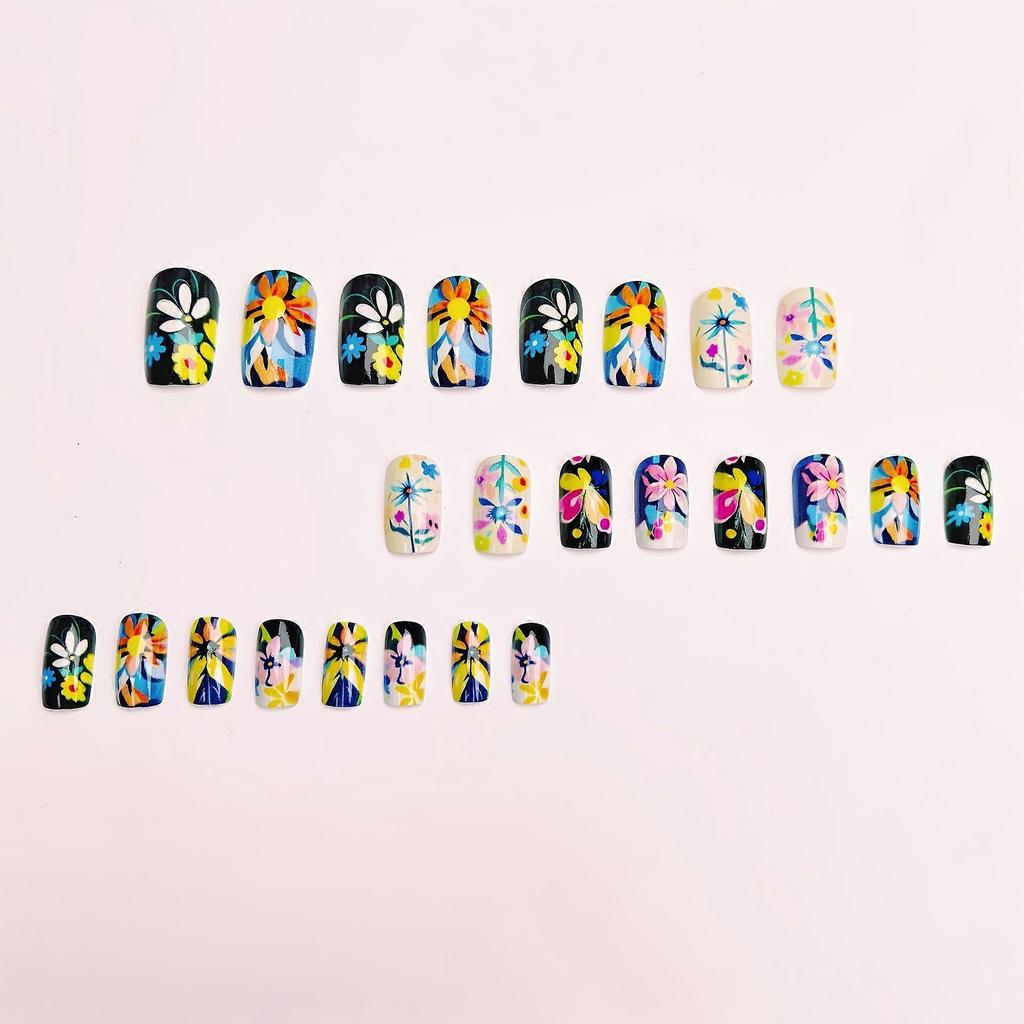 Medium-length European Square Nail Art Patches New Year Colorful Small Flower Fashion Nail Art Patches Spring New Nail Art Patches Color