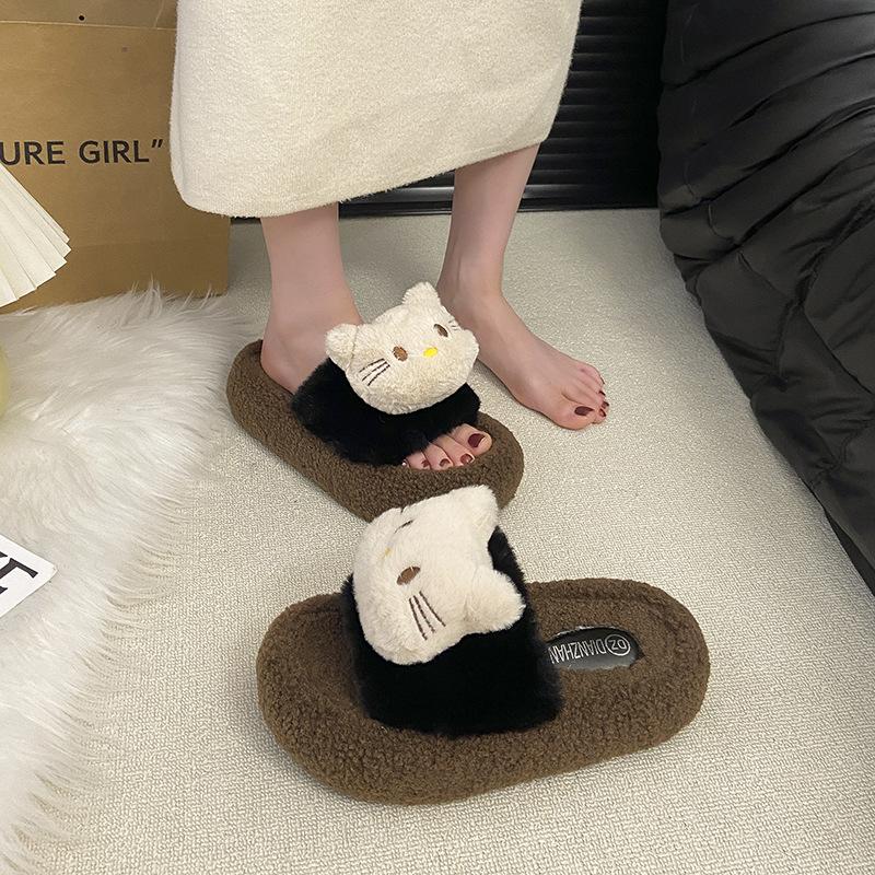 Niedliche Kätzchen flauschige Hausschuhe Cartoon Damen Oberbekleidung 2025 Herbst und Winter neue flache Sohle rutschfest Plüsch Baumwolle dicke Sohle