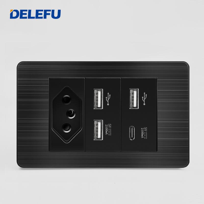DELEFU Brazilian Model 118 Type 10A/20A Stainless Steel Black Durable PC USB Socket with Type-C 20W Fast Charging