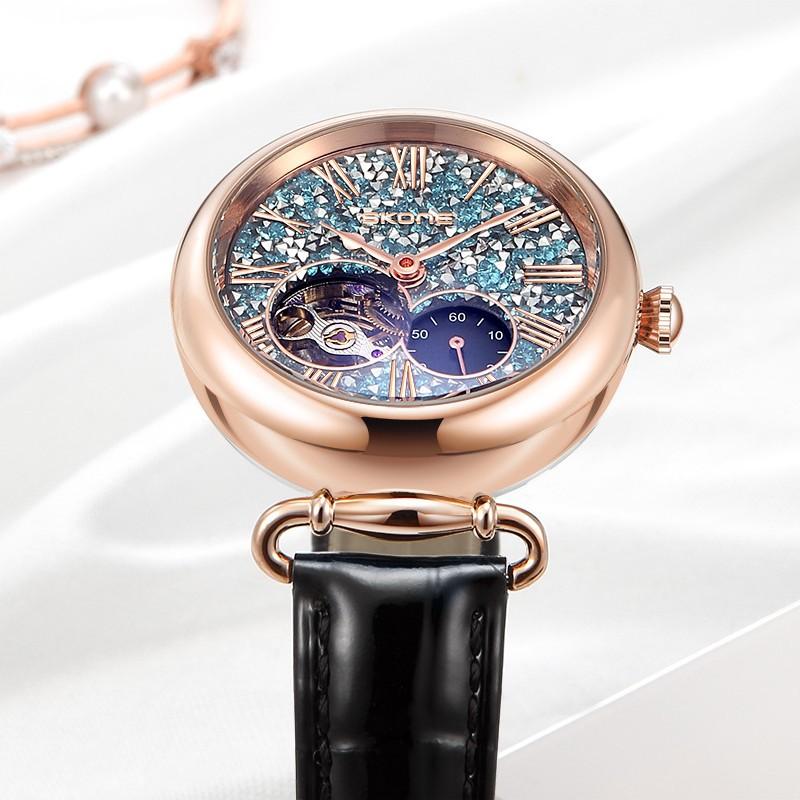 Luxury Automatic Mechanical Watch For Ladies Waterproof Blue Leather Strap Ladies Wristwatch Women Female