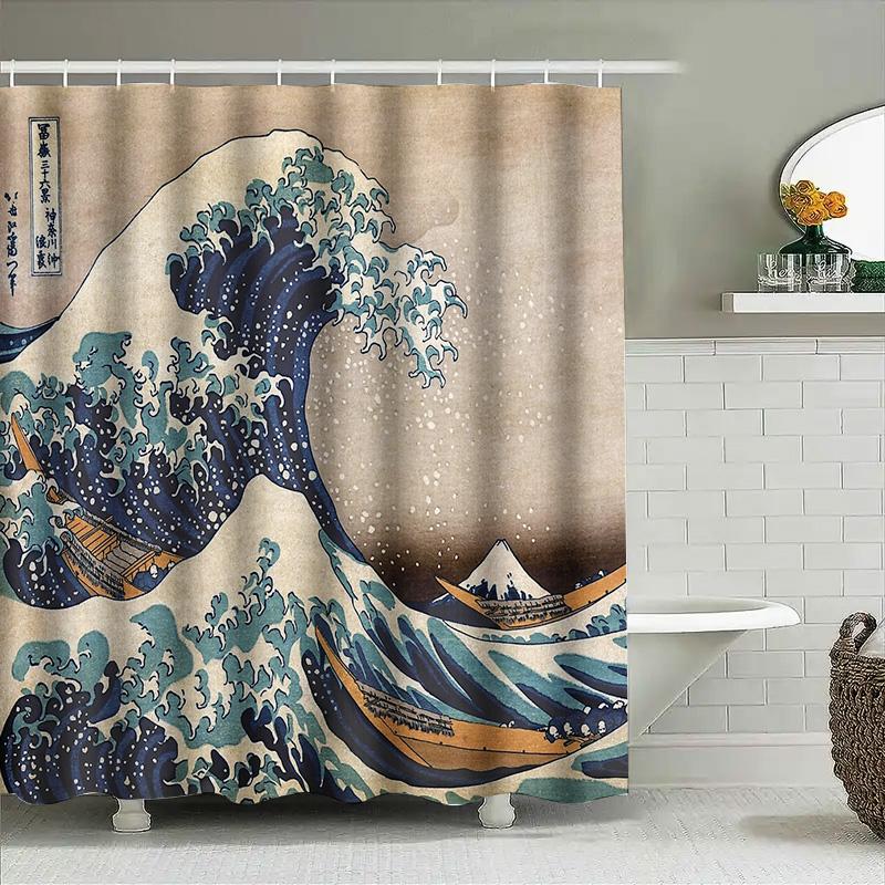 Tenda Doccia Arte Ondulato Giapponese Decorazione Bagno a Tema Spiaggia Oceanica Vibe Costiere Stampa Paesaggio Marino Sfondo Tessile per la Casa