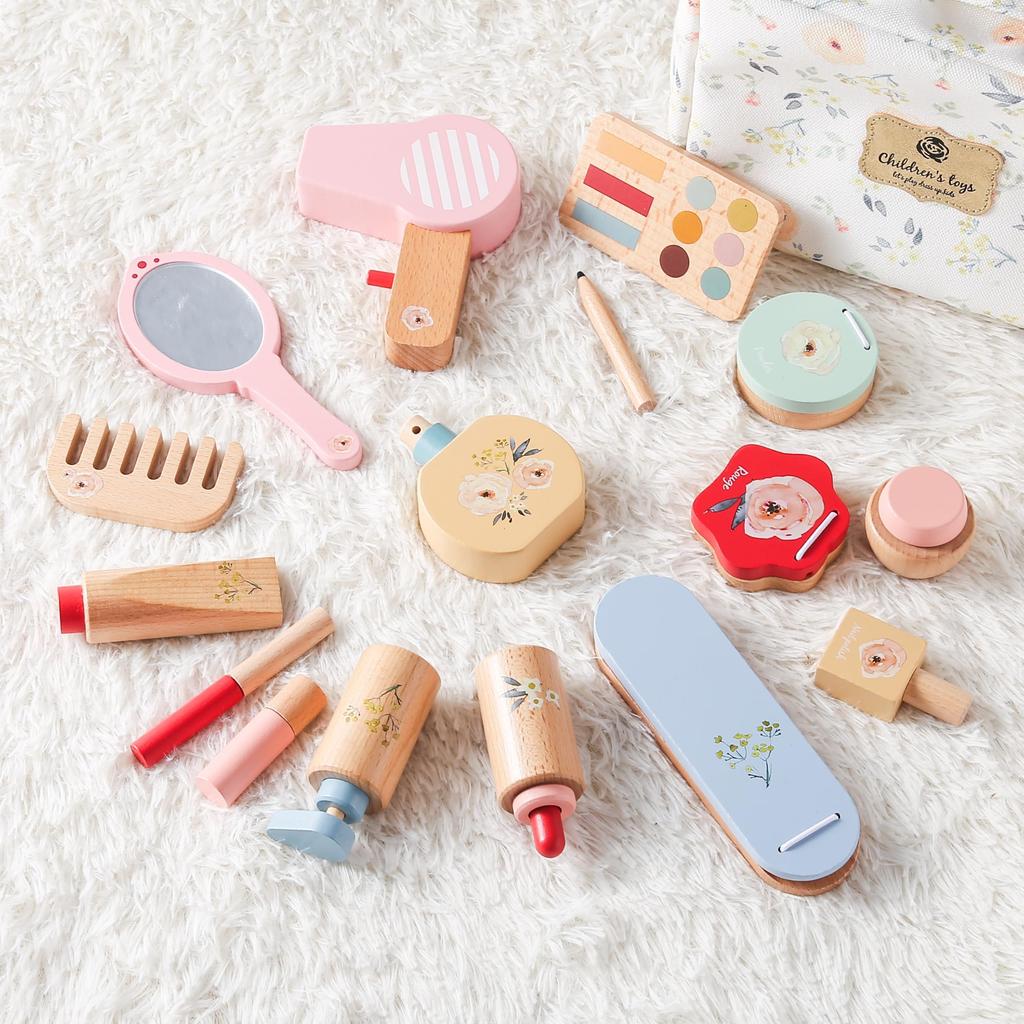 Wooden Teether Makeup Wooden Makeup Pretend Play Makeup Beauty Salon 19 Ages Easy Pretend Birthday Gift Set, Toy, Cosmetics, Pouch, Kids' Set, Toy,