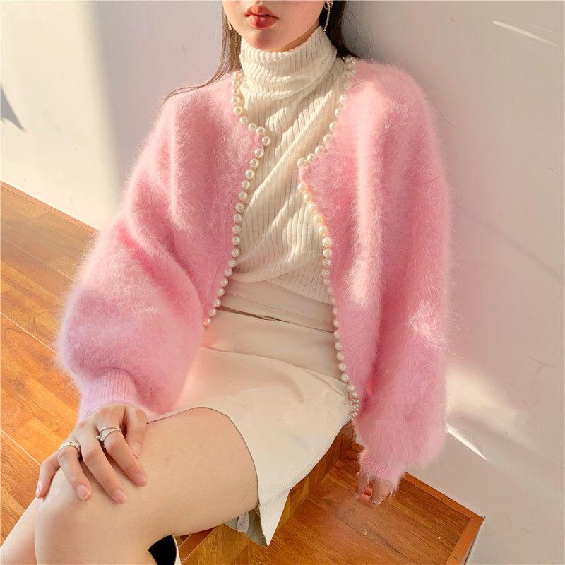 2022 Ladies Pearl Knit Lantern Sleeves Imitation Mink Fleece Sweater Cardigan Jacket Women