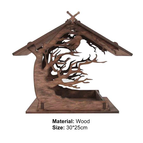 1 set Hrănitoare pentru păsări din lemn, construcție puternică rafinată, asamblată din lemn, în formă de casă, hrănitoare pentru fructe de păsări pentru grădină