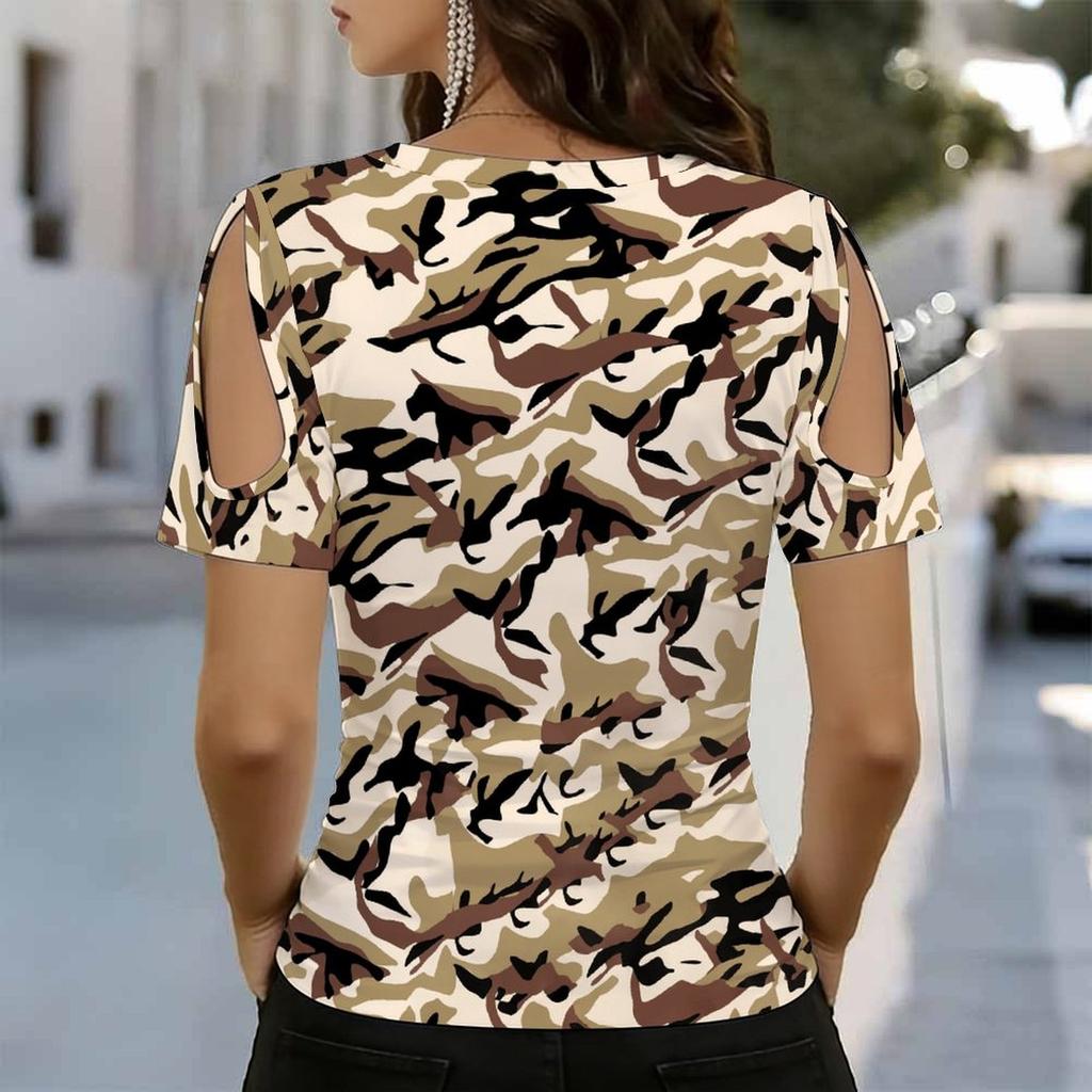 Women V Neck Cold Shoulder Blouse Black White Bleach Bull Skull Letter Graphic Short Sleeve Top