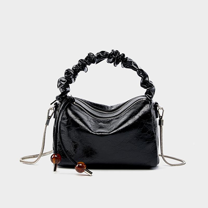 Genuine Leather Pillow Small Chain Shoulder Crossbody Bags For Women  Trend Designer Ruched Handle Ladies Handbags
