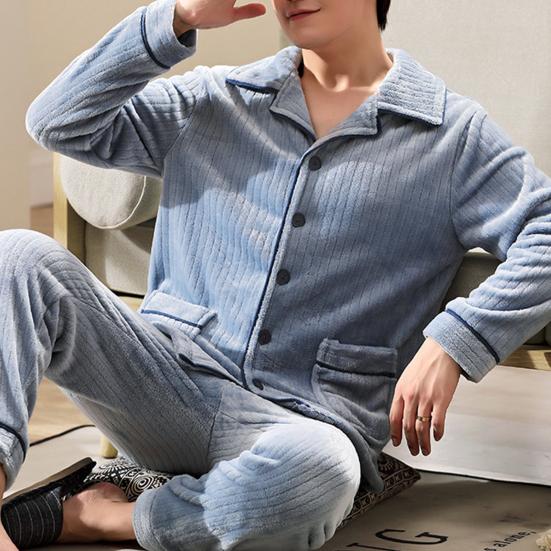 2 Pcs/Set Men Winter Pajamas Set Lapel Thick Striped Single-breasted Loose Elastic Waist Warm Soft Pockets Solid Color Men Homewear Top Pants Set